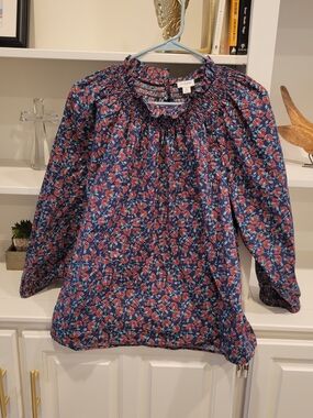 J. Crew Navy Blue Floral Smocked-Neck Blouse